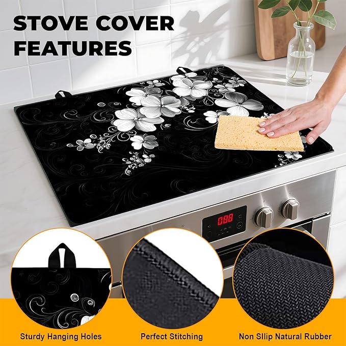 Stove Top Cover Retro Flower Gas Stove Top Cover for Home Decoration Kitchen Pad Non-Stick Washable Cooktop Covers Countertop Protector Keep Stove Clean 28"x20" (White flower-2)