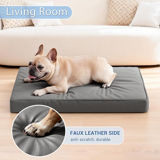 Vonabem Waterproof Dog Bed Medium Pet Crate Pad Washable with Removable Cover Reversible, Foam Dogs Beds Orthopedic, Outdoor Durable Leather Anti-Slip 30 inch Kennel Pads 29"x18" Grey