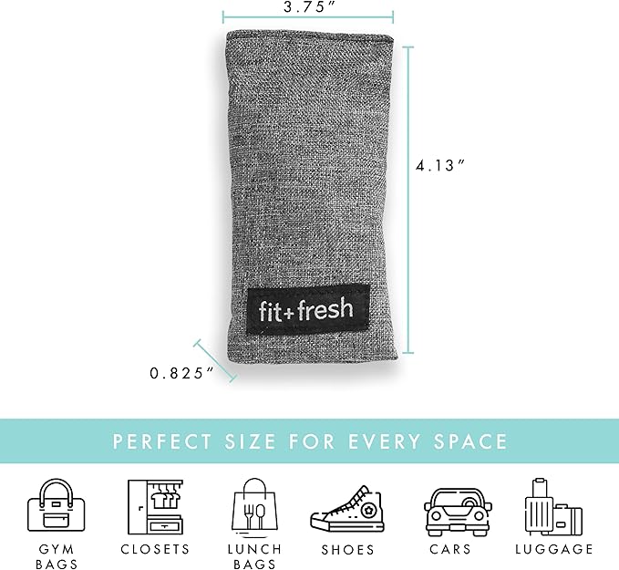 Fit + Fresh Activated Charcoal, 4 Pack (4” x 3.75” x 3.75”) Absorbs Odors and Deodorizes Lunch Bags, Non-Toxic and Safe for Backpacks, Shoes, Closet and Car, Gray