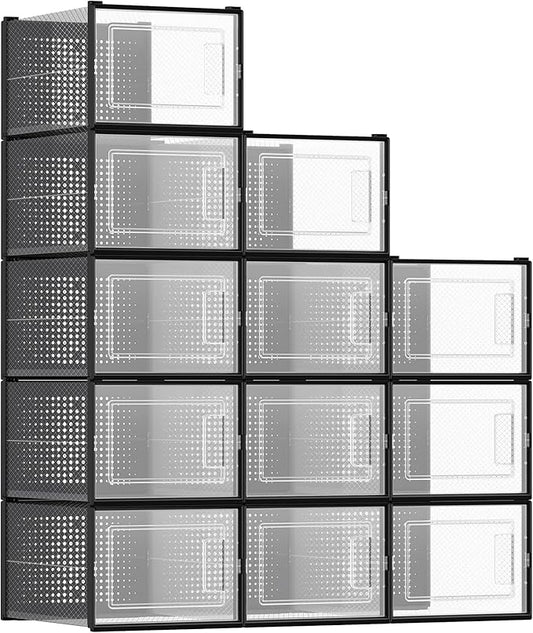 SONGMICS Shoe Boxes, Pack of 12 Shoe Storage Organizers, Stackable Clear Plastic Boxes for Closet, Sneakers, 13.7 x 9.9 x 7.4 Inches, Transparent and Black ULSP007B12