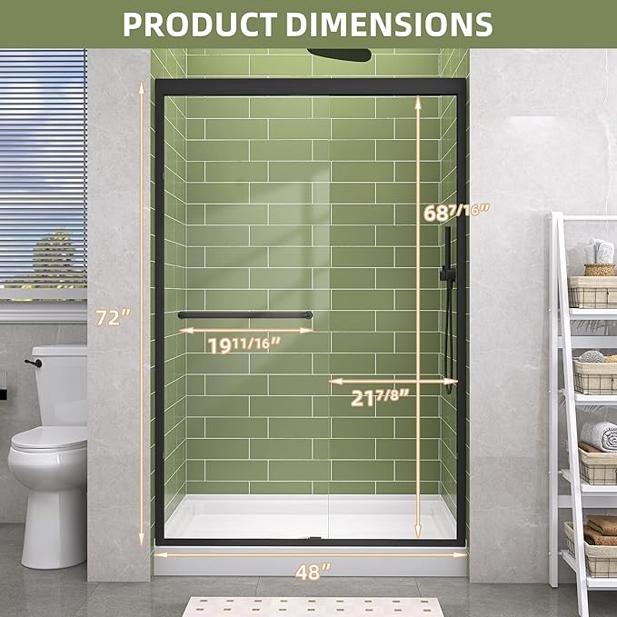 GETPRO Sliding Shower Door 44-48 in. W x 72 in. H Semi-Frameless Bypasss Double Sliding Glass Shower Doors,1/4 inch Clear Tempered Glass Door for Walk-in Shower Matte Black