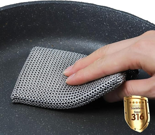 Cast Iron Cleaner Chainmail Scrubber -Fine Ring- 316 Stainless Steel Scrubbing Sponge Skillet – Dish Scrubber - Built-in Silicone with Welded Rings - for Cast Iron Pots, BBQ, Dishes (Standard)