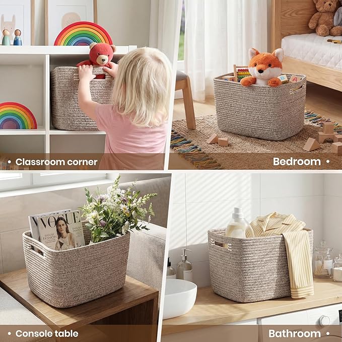 Storage Baskets for Organizing, 14 x 10 x 9” Closet Shelf Woven Baskets, Square Bins with Handles, Cotton Rope Basket for Toys, Clothes, Office, Room, Brown 1 Pack