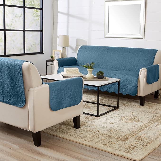 Great Bay Home Reversible Chair Cover - Washable Slipcover Furniture Protector with Elastic Straps - Furniture Cover for Dogs, Kids, and Pets - Quilted & Stitched Detail (Chair, Smoke Blue/Ivory)