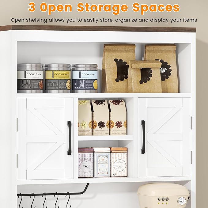 Semoic 69.3" Tall Kitchen Pantry Cabinet, Farmhouse Large Storage Cabinet with 2 Barn Doors, 1 Drawer and Storage Shelves, Buffet Cupboard Kitchen Hutch with Wide Countertop and Charge Holes, White