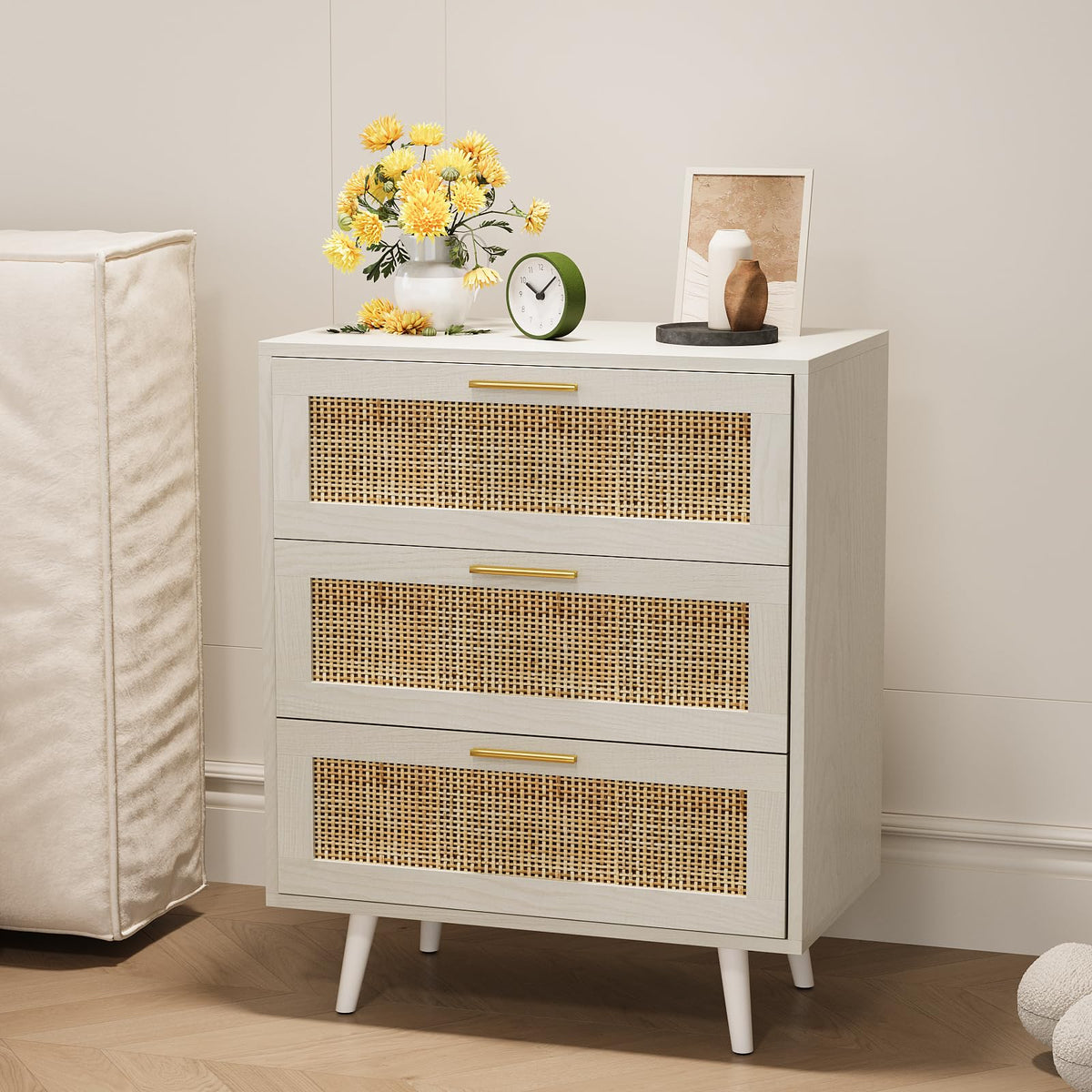 Trironsun Rattan Night Stand Boho End Table with 3 Storage Drawer - Image 1