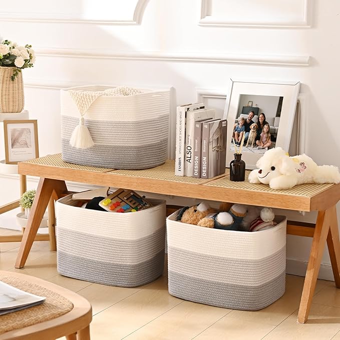 3 Pack Cube Storage Bin, 17”x12”x12” Cotton Rope Woven Baskets for Organizing Toys Clothes Towels, Square Gift Storage Baskets for Shelves, Nursery, Closet, Bathroom, Pantry (3-Tone Gray)
