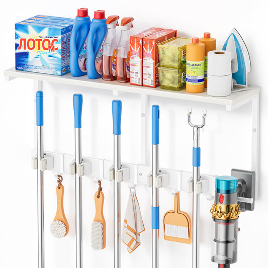 Broom Holder Wall Mount with Cleaning Supplies Organizer - Image 1