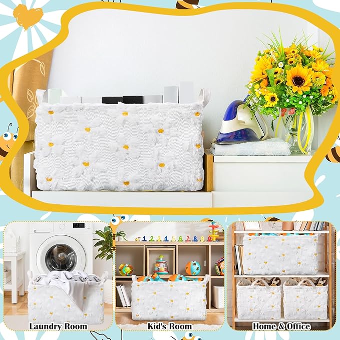 Kathfly Daisy Storage Baskets Plush Faux Fur Jacquard Design Laundry Basket with Handles Waterproof Flower Storage Bins Fabric Shelf Baskets for Organizing Closet Clothes
