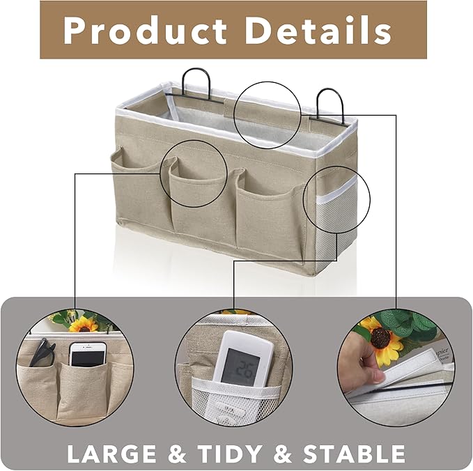 2pcs Light-Style Wall Hanging Storage Bag, Linen Fabric Door Hanging Organizer Baskets with Pockets, Waterproof Bin for Bedroom, Kitchen, Office, RV Camper (LightKaki-2pcs)