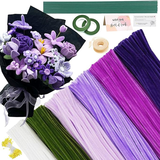 620 Pieces Purple Pipe Cleaners Craft Set, 600 Pcs Chenille Stems with 20 Pcs Flower Stems, Craft Supplies Bulk for DIY Art and Craft Projects Creative Gift Wrapping Party Decorations(Purple Series)