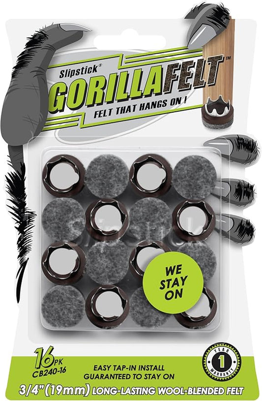Slipstick GorillaFelt 3/4 Inch Chair Leg Floor Protectors/Felt Glides (Set of 16) Tap On Felt Furniture Pads Guaranteed to Stay On, Round Sliders, CB240-16