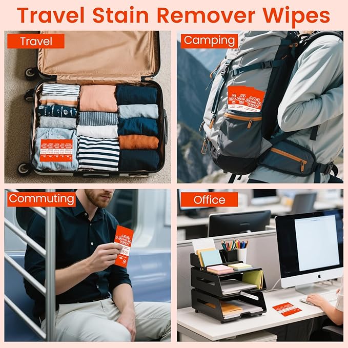 Stain Remover Wet Wipes Bulk, Individual Wrapped Stain Remover for Clothes Portable Travel Messy Eater Stain Removal Wipes Pocket Size for Clothing Fabric, Shoes, Wine, Fast Food (10 x 7.9 inch) (100)