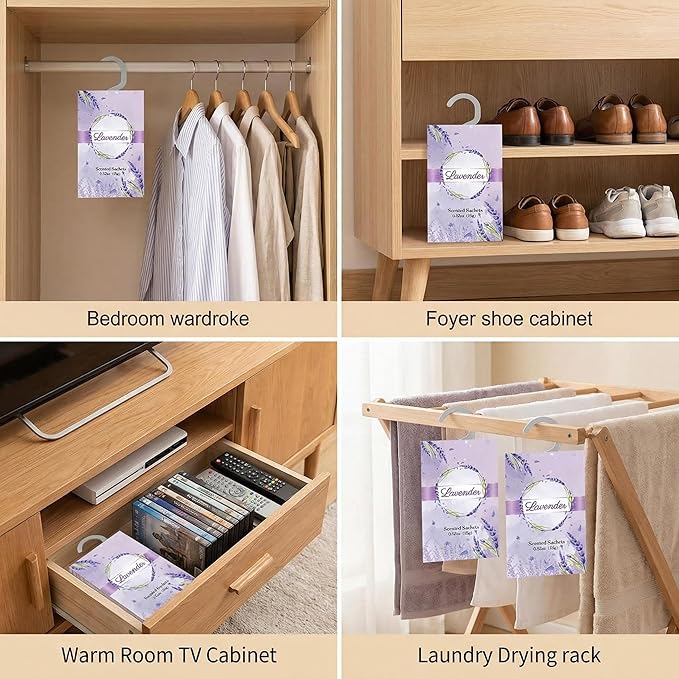 12 Packs Lavender Hanging Scented Sachets for Drawers and Closets with Retractable Hook| Long-Lasting Closet Air Freshener & Closet Deodorizer | Closet Scent Freshener (Lavender)