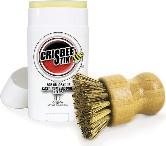 Crisbee Cast Iron Seasoning Brush Combo - Crisbee Stik & Bamboo Brush - Maintain a Cleaner Non-Stick Skillet - Perfect for Cast Iron and Carbon Steel Cookware