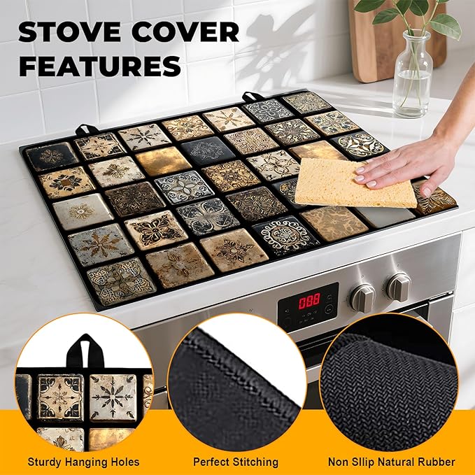 Stove Top Cover Flower Gas Stove Top Cover for Home Decoration Kitchen Pad Non-Stick Washable Cooktop Covers Countertop Protector Keep Stove Clean (Brown, 28L"x20W")