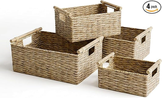 RGI Home Water Hyacinth Storage Baskets - Set of 4 Woven Decorative Baskets, Multi-size Organizers for Household Storage, Home Office, Pantry, Kitchen, Laundry, with Handles & Wood Accents, Natural
