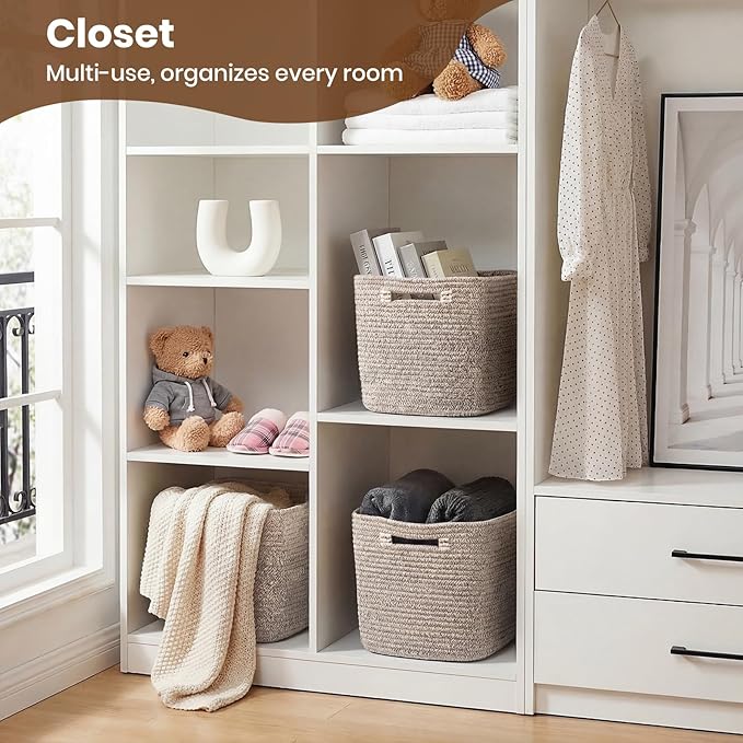 Storage Baskets for Organizing, 14 x 10 x 9” Closet Shelf Woven Baskets, Square Bins with Handles, Cotton Rope Basket for Toys, Clothes, Office, Room, Brown 3 Pack