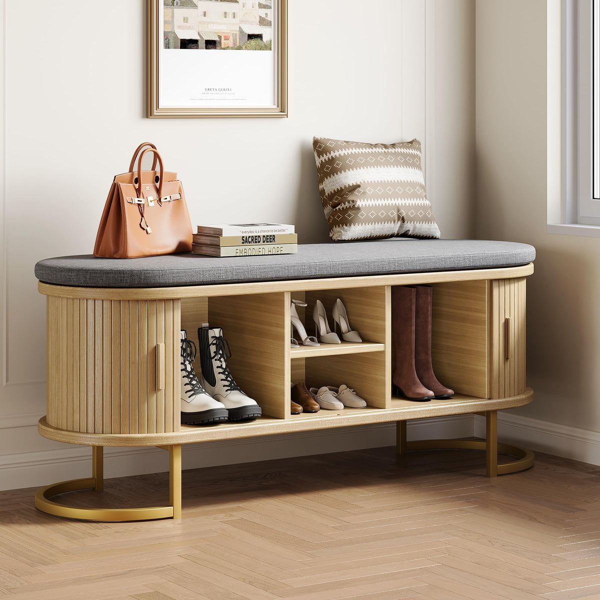 Decofy Shoe Storage Bench with Cushion and Sliding Doors - Image 1