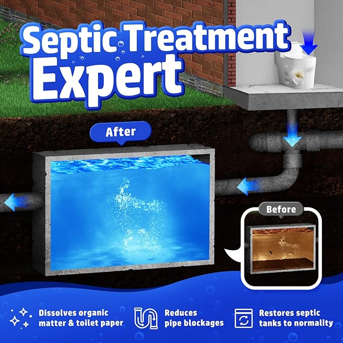 Vacplus Septic Tank Treatment 12 Pcs for 1-Year Supply, Dissolvable Packs with Easy Operation, Durable Biodegradable Enzymes for Wastes, Greases & Odors, Brown, 3x Efficiency