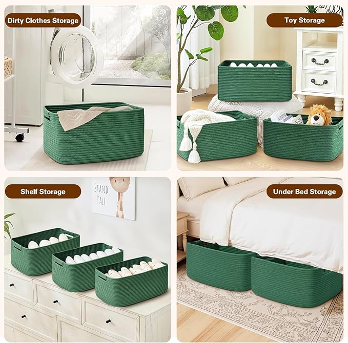 3 Pack Large Storage Basket for Organizing, 17.5"x13"x7" Woven Basket for Shelves, Closet Cube Storage Bins with Wrapped Handle, Cotton Rope Baskets for Kitchen, Clothes, Toys(Green)