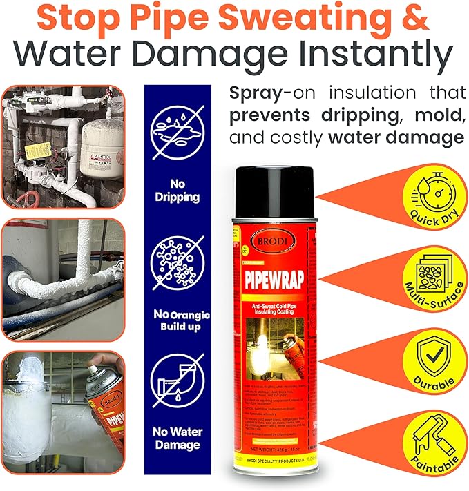 PipeWrap Pipe Insulation Spray Foam for Hard-to-Reach Areas, Fittings & Valves, Anti-Sweat Pipe Coating Spray, Stops Condensation Buildup & Prevents Dripping (Pack of 6)