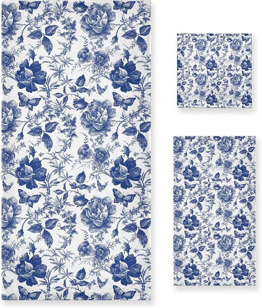 3 Piece Navy Blue Floral Leaves Bath Towel Set,Microfiber Decorative Vintage Chinoiserie Rose Flowers Leaf Bathroom Towels,1 Bath Towel 1 Hand Towel for Bathroom Kitchen,1 Washcloth for Face