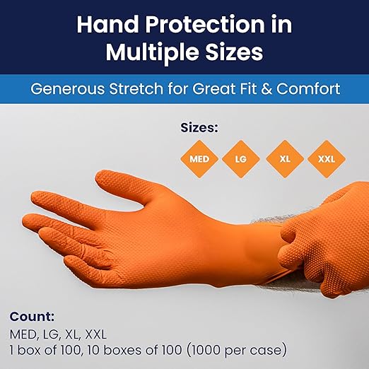 Adenna ProWorks CATCH Disposable Nitrile Gloves – 9 Mil, Heavy Duty Work Rubber Glove with Raised Pyramid Grip, Non–Latex & Powder Free, Case of 900, 2X–Large, Orange