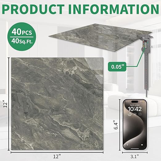 40-Pack 40 Sq.Ft Peel and Stick Floor Tiles Vinyl Glossy Pattern Flooring, 12” x 12” Self Adhesive Vinyl Flooring DIY for Kitchen, Bathroom, Laundry, Polish Dark Grey Marble
