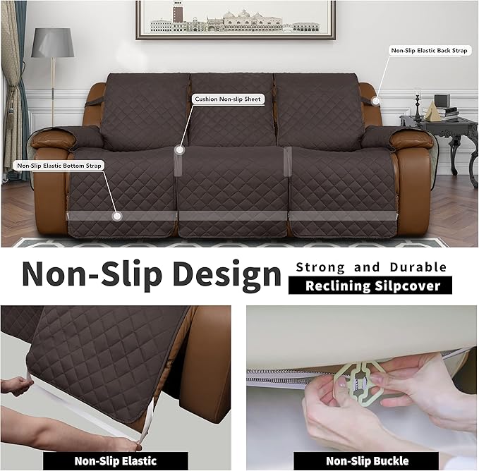 Easy-Going Recliner Sofa Cover, Reversible Couch Cover for 3 Seat Recliner, Split Sofa Cover for Each Seat, Furniture Protector with Elastic Straps for Dogs, Pets(3 Seater, Chocolate/Beige)