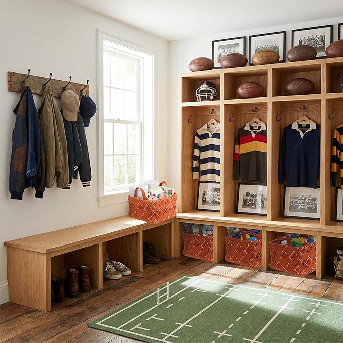2 Pcs Brown Football Storage Baskets 14x10 Inch Easter Basket Sport Theme Room Decor Laundry Foldable Fluffy Storage Bin with Handle Closet Organizer for Countertop Tabletop Car