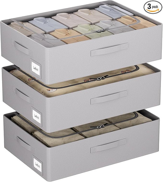 CYhom 3Pcs Under Bed Storage Bins with Metal Frame - Shoe Organizer for Closet with Clear Cover Oxford Fabric Sturdy Underbed Container Foldable Stackable Clothes Organizer (Grey, 23.5x19.7x6.3)