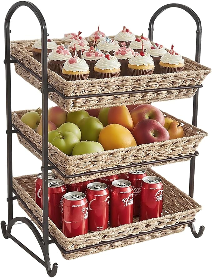 Stackable Candy Display Rack with Rattan |Stackable Candy Organizer|Multi-Function Snack Rack&Shelf for Chips |Perfect Display Solution for Stores (Brown, Large)