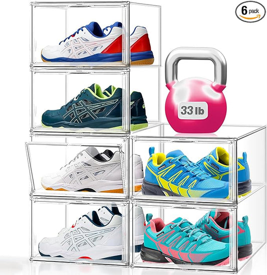 Clear Shoe Storage Boxes 6 Pack, Size 13 Acrylic Shoe Box Stackable Large Sneakers Display Case with Magnetic Door Hat Collectibles Handbag Purse Organizer for Closet