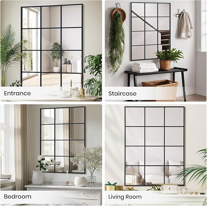 Windowpane Wall Mirror 30"x48" Black Wall Mounted Art Pane Mirror Farmhouse Decorative Mirror Leaning Hanging Wall Mirror for Bedroom Living Room Entrance Hallway Wall Decor