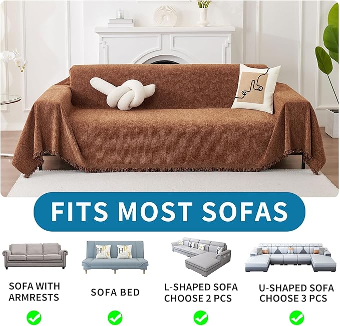 HAOMAIJIA Chenille Couch Cover Sofa Covers for 3 Cushion Couch Washable sectional Couch Covers for Dogs pet Furniture Protector Couch Cover Blanket for Living Room (Brown, 91"x118")