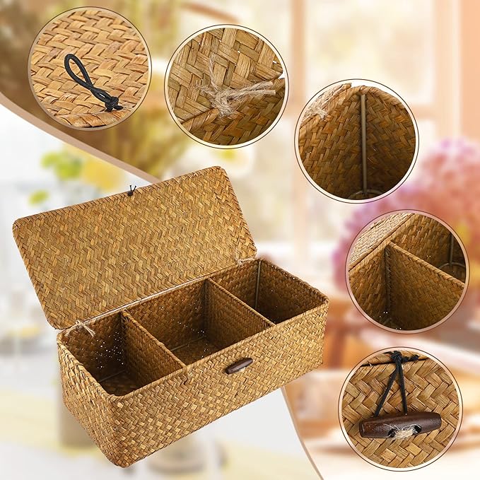 Hipiwe Seagrass Storage Basket Bin with Lid Rectangular Woven Shelf Baskets for Closets Bathroom Kitchen Shelf Organizing, Caramel, 14.2" x 6.3'' x 4.7''