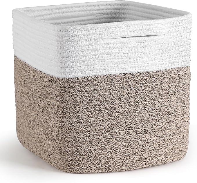 Storage Cubes 11 Inch Storage Baskets for Shelves, Cotton Rope Woven Baskets for Organizing, Cube Storage Square Bins for Toy, Playroom Decor, Classroom, Closet, White+brown, 1pack