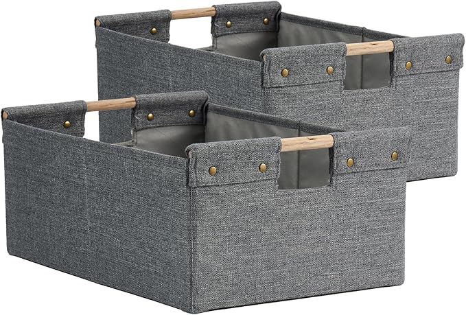2PCS Storage Bins Cotton Linen Fabric Storage Boxes Basket with Wooden Handles Foldable Washable Decorative Shelf Container Clothes Organizer Home Laundry - Medium Size, Gray