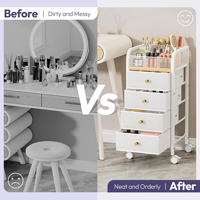 SWTYMIKI Rolling Makeup Organizer Cart - Floor Skincare Make Up Storage with 4 Non-woven Drawers, Vanity Organizer Cosmetic Display Cases Cabinet for Skin Care Perfume Nail Polish Brush Hair Tool