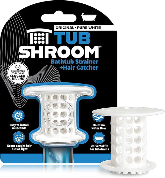 TubShroom Bathtub Drain Hair Catcher – In-Drain Tub Strainer & Clog Prevention Protector, Fits Standard 1.4”–1.75” Tub Drains, Easy Clean, Captures Human & Pet Hair out of Sight (White)