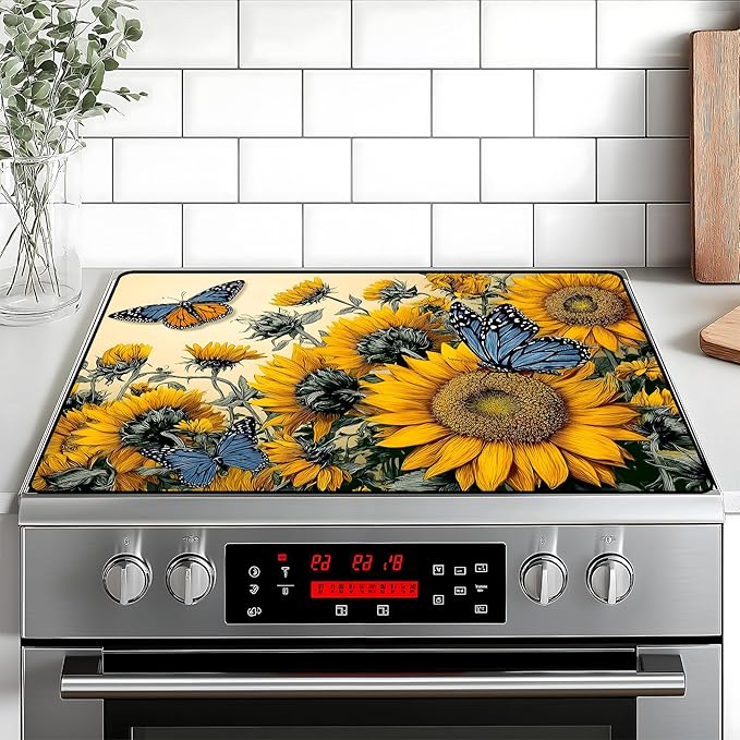 Happy Easter Stove Top Cover Flower Eggs Cute Rabbit Gas Stove Top Cover for Home Decoration Kitchen St. Patrick Day Pad Non-Stick Washable Cooktop Covers Countertop Protector (sunflower, 28" x 20")