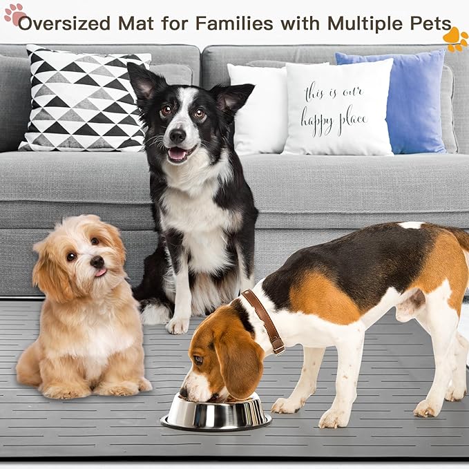 Largest Dog Food Mat, 39.5"x29.5" Silicone Dog and Cat Mat for Food and Water Bowls, Thinken Waterproof Non-Slip XXXL Pet Feeding Mat for Floors (Light Gray)