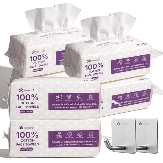100% Cotton Disposable Face Towels 360 Count, Soft Cotton Tissue for Sensitive Skin, Makeup Remover Dry Wipes, Lint Free Facial Cleansing Cloths for Baby & Adult, Hanging Bag
