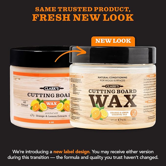CLARK'S Cutting Board Wax - 2-in-1 Wood Butter & Food Grade Mineral Oil with Beeswax – Butcher Block Conditioner for Cutting Boards – Orange & Lemon Essential Oil Scent – Made in USA, 6oz