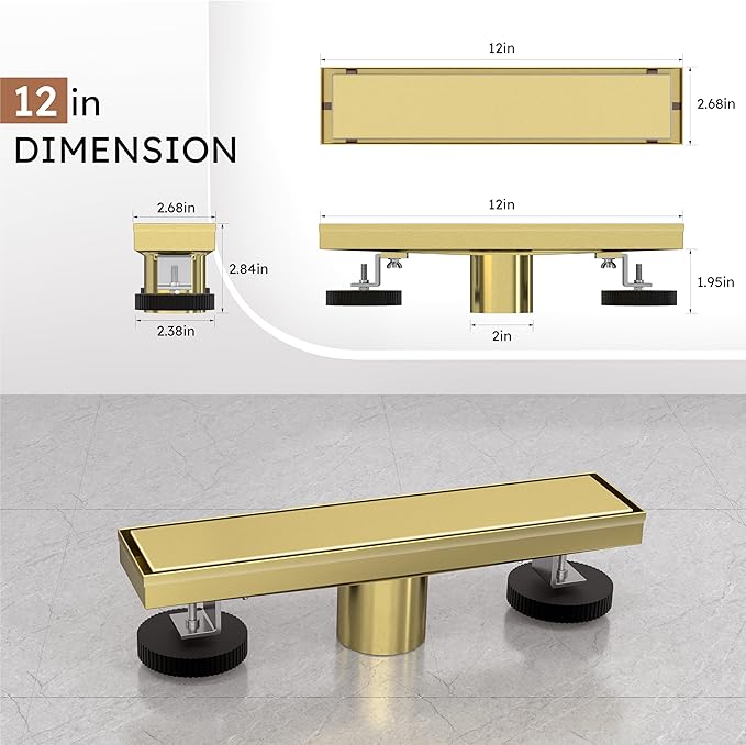 Linear Shower Drain 12 Inch,Modern Rectangle Shower Floor Drain with 2-in-1 Tile Insert Cover, Stainless Steel SUS 304, Linear Drain with Leveling Feet& Hair Strainer