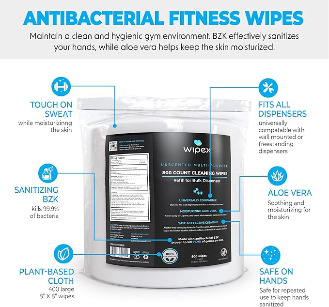 Wipex Fitness Wipes Refill - 800ct Antibacterial Hand Sanitizing Wipe with Safe Plant Based Cloth, Bulk Commercial Size - Great for Gyms, Studios, Clubhouse & Public Facilities