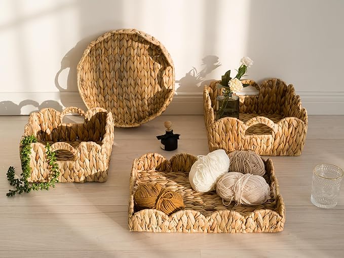 StorageWorks Scalloped Wicker Basket, Woven Baskets for Storage, Rattan Baskets with Handles, Paper Rope Basket for Organizing and Decor, 2 Pack