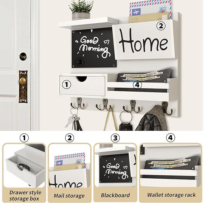 Farmhouse Key Holder for Wall with Mail Organizer - Easy Installation Wall Mount Organizer, Includes Chalkboard, Drawer, Wallet Holder & 4 Double Hooks, Ideal for Entryway, Quick Access - White