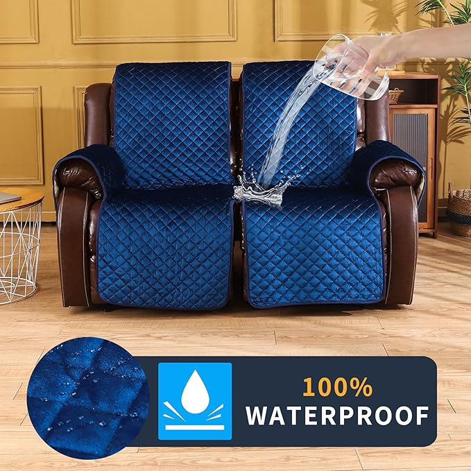 LUFEIJIASHI Non Slip Recliner Couch Covers for 2 Cushion Couch Sofa Reclining, Waterproof Recliner Sofa Covers 2 Seat, Velvet Reclining Couch Covers for Furniture Protector for Dogs Pets Navy Blue